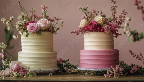 Elegant Wedding Cake Adorned With Pink Roses in a Bright Venue