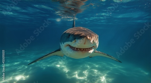Encounter With a Majestic Great White Shark in Clear Ocean Waters During Midd...