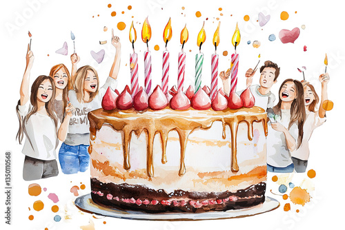 A vibrant birthday cake adorned with candles and festive decorations, surrounded by cheerful individuals celebrating joyfully.