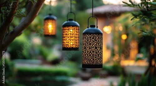 Hanging Lanterns Illuminate a Tranquil Garden Setting During the Evening