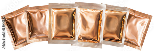 6 empty golden foil packages isolated over transparent (white) background; concept of condom, cosmetics, food, tea mock-up in shiny rose gold plastic bag