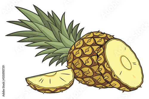40 tropical pineapple, whole fruit, cut slice, vibrant yellow flesh, spiky green leaves, brown textured skin, ripe, juicy, fresh, exotic, detailed, realistic, white background, food photography, high 
