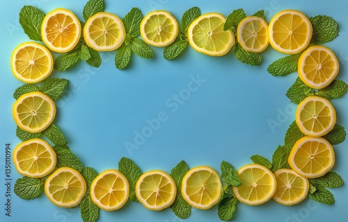 Lemon and Mint Arrangement on Blue Surface Creates a Fresh and Vibrant Display