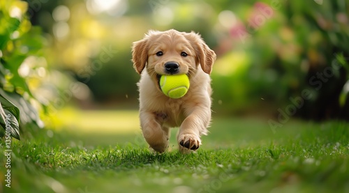 Happy Golden Retriever Puppy Runs Joyfully With a Tennis Ball on a Sunny Afte...