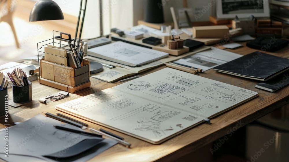 Creative Workspace with Sketches and Organized Supplies for Inspiration Creative Workspace with Sketches and Organized Supplies for Inspiration