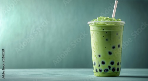 Refreshment Served in a Clear Cup Filled With Green Beverage and Tapioca Pear...