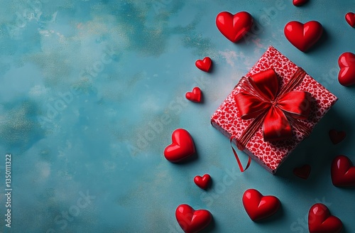 Creative Gift Arrangement With Red Hearts on a Blue Background for Special Oc...