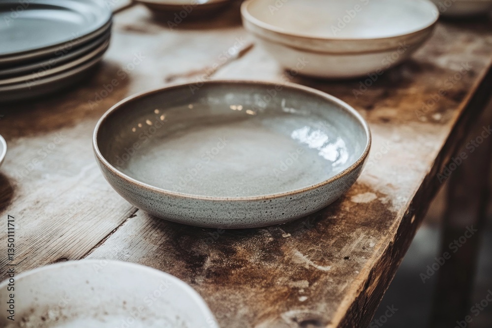 Grey ceramic bowl on rustic wooden table with other tableware. Grey ceramic bowl on rustic wooden table with other tableware.