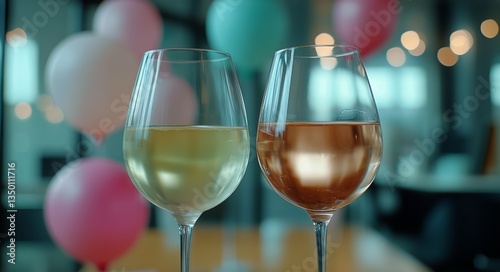 Celebration With White and Rose Wine Glasses on Wooden Table in a Festive Venue