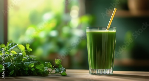 Refreshing Green Smoothie Sits on Wooden Table Surrounded by Lush Plants in B...