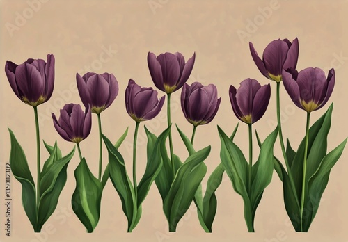 Purple Tulips Arranged Beautifully Against a Soft Pink Background in a Floral...