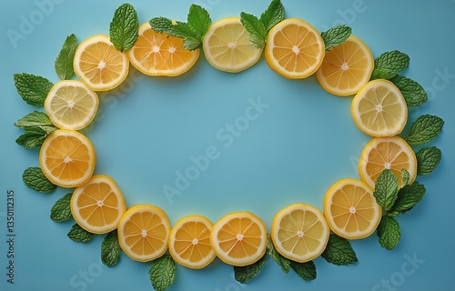 Lemon and Mint Arrangement on Blue Surface Creates a Fresh and Vibrant Display