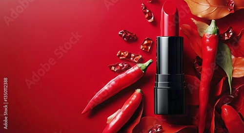 Bold Red Lipstick Next to a Fresh Chili Pepper on a Vibrant Red Background