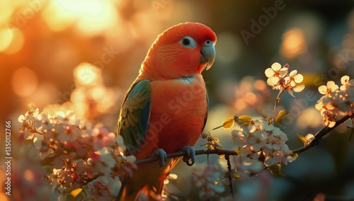 Colorful Bird Perched on Blossom Branch During Golden Hour at a Serene Garden