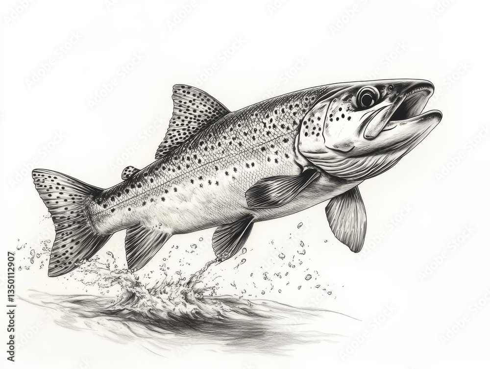Naklejka premium A Detailed Graphite Illustration of a Leaping Brown Trout Splashing Out of the Water with Striking Realism and Dynamic Motion on a Clean White Background