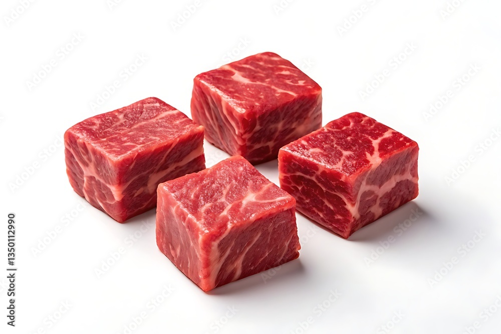 Rich ruby-red beef cubes, meticulously cut, promising a succulent culinary experience against a pristine white backdrop. Rich ruby-red beef cubes, meticulously cut, promising a succulent culinary experience against a pristine white backdrop.