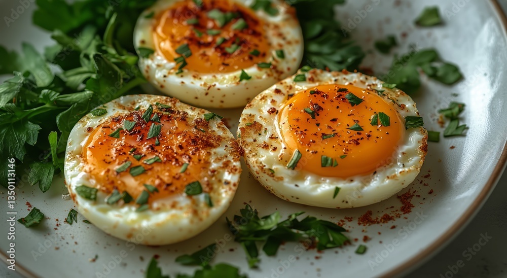 Deliciously Cooked Eggs With Vibrant Yolks Garnished With Fresh Herbs on a Rustic Plate Deliciously Cooked Eggs With Vibrant Yolks Garnished With Fresh Herbs on a Rustic Plate