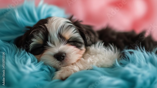 Cute Puppy Sleeping Peacefully on Colorful Fluffy Blanket in Cozy Indoor Setting