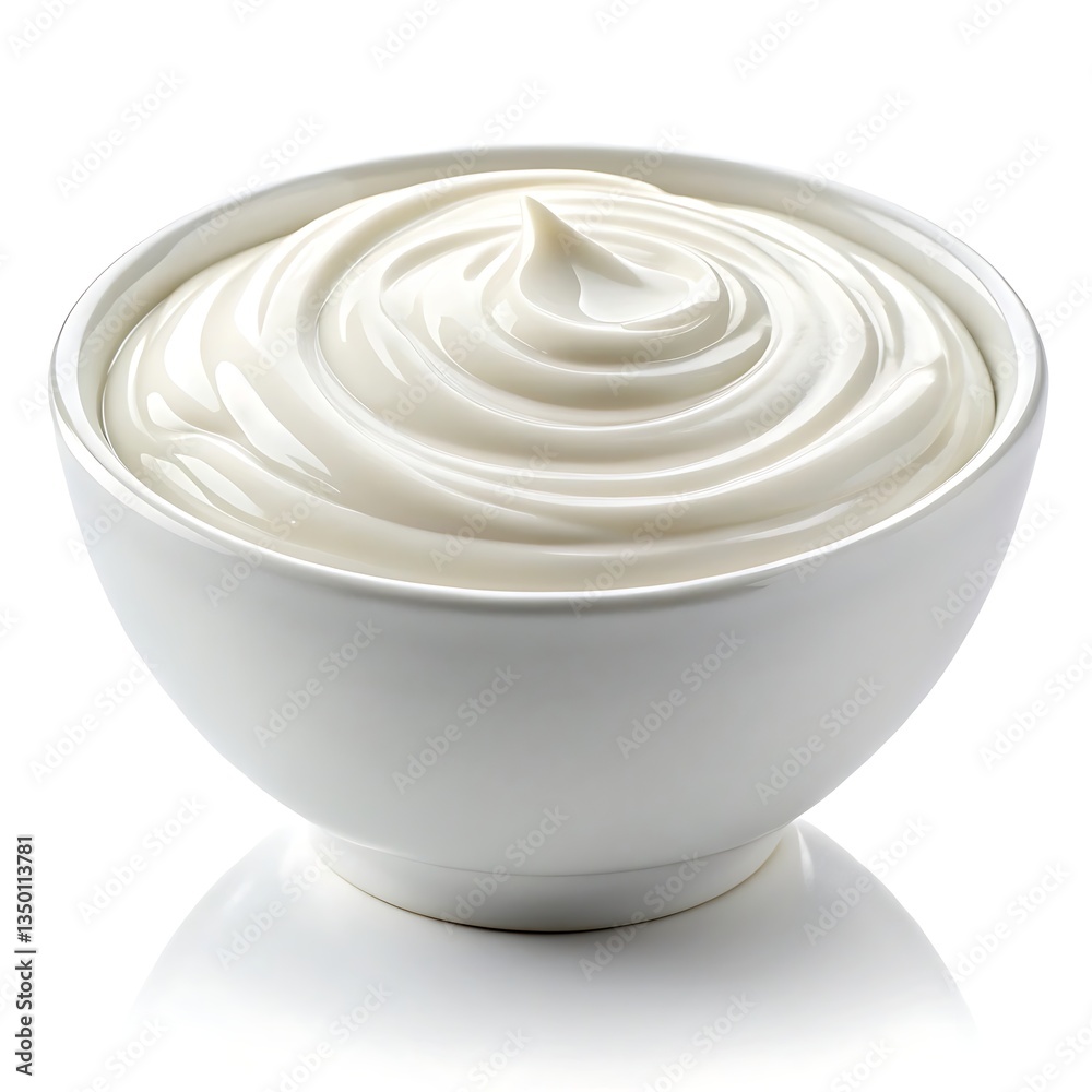 Creamy swirls of decadent sour cream nestled in a pristine white bowl, a simple yet elegant presentation against a bright white background. Creamy swirls of decadent sour cream nestled in a pristine white bowl, a simple yet elegant presentation against a bright white background.