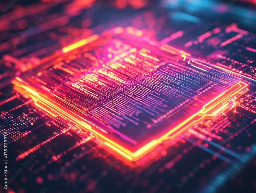 Futuristic CPU glowing on circuit board with digital data streams Futuristic CPU glowing on circuit board with digital data streams