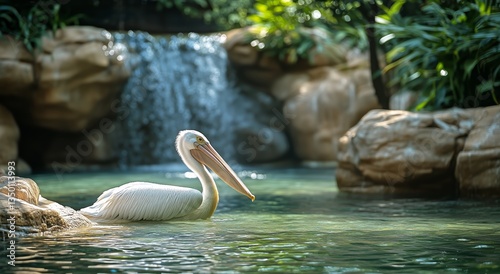 Pelican Swimming Near a Serene Waterfall in a Tropical Paradise at Midday