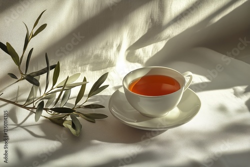 Warm Cup of Tea Placed on a Light Fabric Surface With Olive Branch in Soft Su...