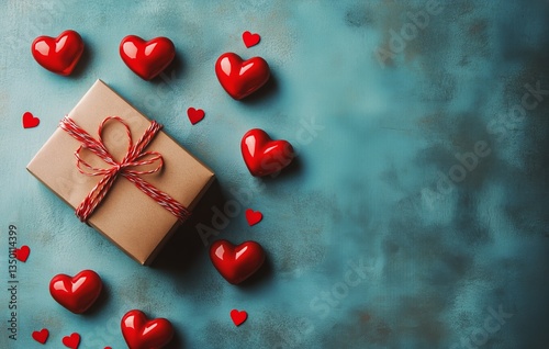 Thoughtfully Wrapped Gift Box Surrounded by Red Hearts on a Blue Background f...