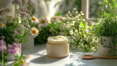 Fresh Herbal Cream With Flowers on a Wooden Tray by a Sunny Window in the Aft...