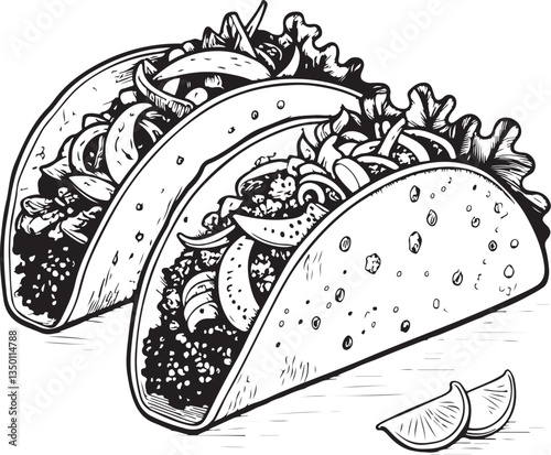 Mexican Tacos Black and White Vector Illustration, Sketch Drawing Line Linear Engraving, Hand-drawn Isolated