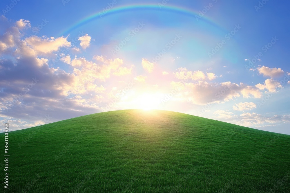 A serene sunrise over a gently rolling green hill, a breathtaking view under a vibrant rainbow and a clear blue sky. A serene sunrise over a gently rolling green hill, a breathtaking view under a vibrant rainbow and a clear blue sky.
