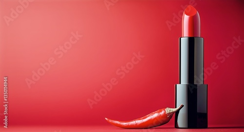 Bold Red Lipstick Next to a Fresh Chili Pepper on a Vibrant Red Background
