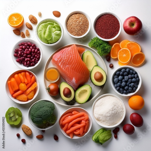 A vibrant selection of blood sugar-friendly foods is beautifully arranged on a clean white background, showcasing fresh, nutrient-rich ingredients perfect for a healthy, balanced lifestyle.