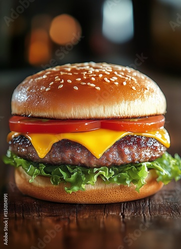 Juicy Cheeseburger With Fresh Toppings on a Rustic Wooden Table