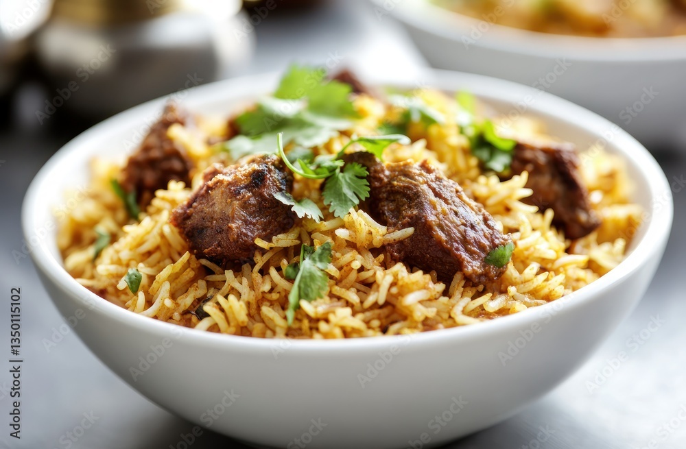 Delicious beef biryani in white bowl, with background of other dishes Delicious beef biryani in white bowl, with background of other dishes