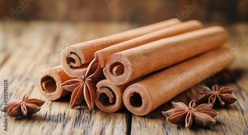 Cinnamon Sticks and Star Anise Arranged on Rustic Wooden Surface for Culinary...