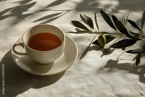 Warm Cup of Tea Placed on a Light Fabric Surface With Olive Branch in Soft Su...