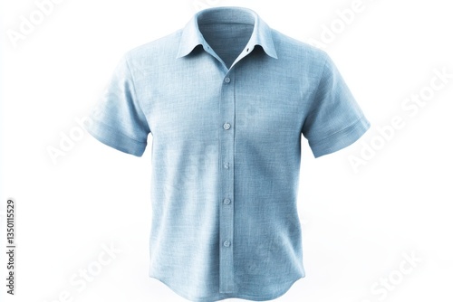 Light blue linen short sleeve shirt mockup, button up casual summer top, breathable fabric, blank apparel design, isolated on white background