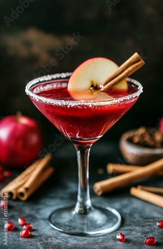 Elegant Red Cocktail With Apple and Cinnamon Garnish on Dark Background