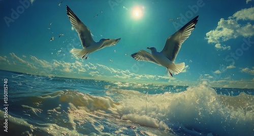 Seagulls Flying Over Ocean Waves at Sunset With a Colorful Sky