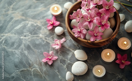 Decorative Bowl With Pink Flowers and Lit Candles on Marble Surface