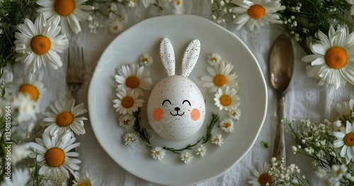 Delightful Easter Setup With Bunny-Shaped Egg Surrounded by Flowers on Elegan...