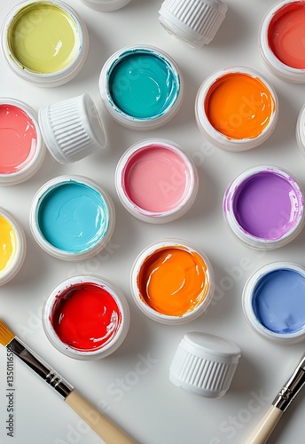 Colorful Paint Containers Arranged Neatly for Creative Projects in a Bright W...