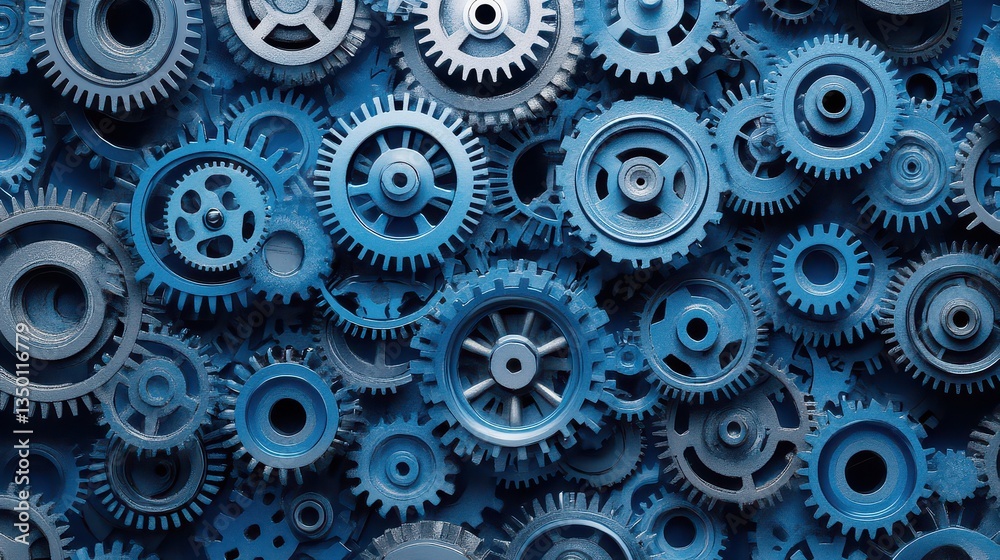 A detailed arrangement of blue gears showcasing mechanical components in a creative layout A detailed arrangement of blue gears showcasing mechanical components in a creative layout
