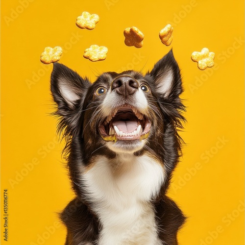 Happy dog catching treats against yellow background.
