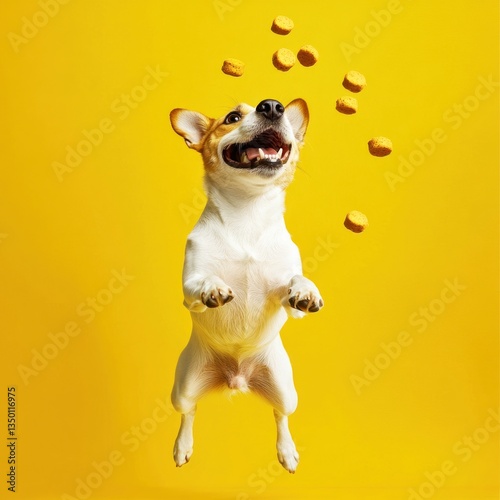 Happy dog catching treats mid-air against yellow background. (2)