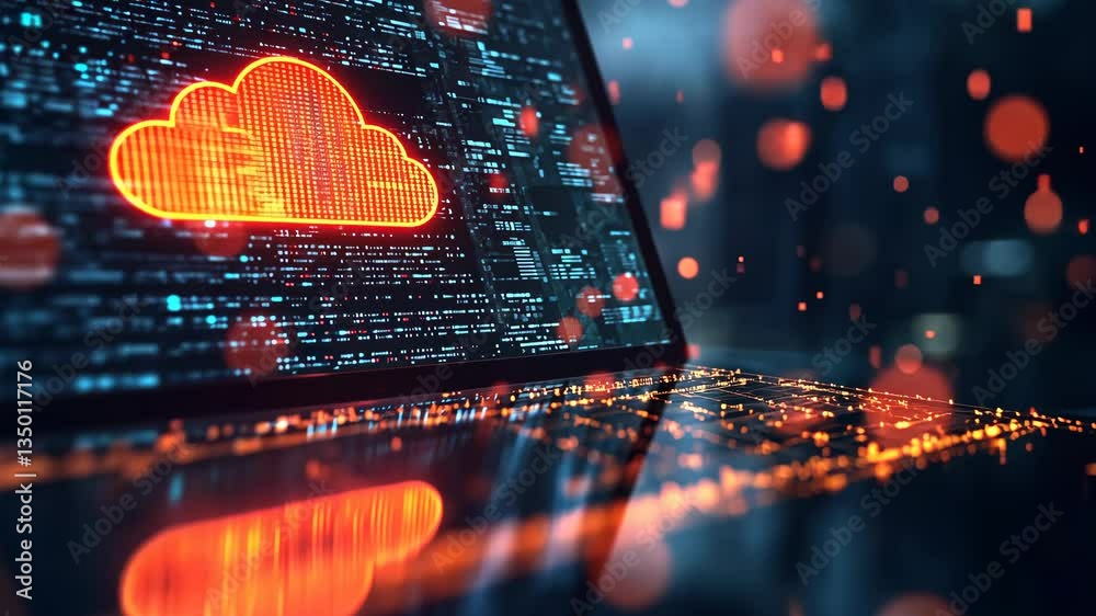 Envisioning a futuristic cyberspace with a sleek laptop that highlights advanced cloud computing and intricate data patterns, designed for todays engineers and skilled programmers