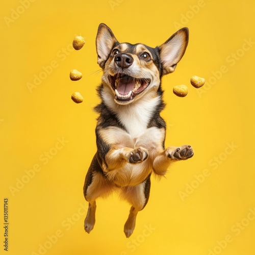 Happy dog catching treats mid-air against yellow background.