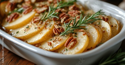 Delicious Baked Pears With Pecans and Rosemary Garnishment Prepared in a Rust...