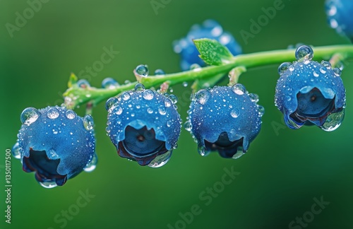 Fresh Blueberries With Droplets on a Green Branch in a Garden Setting During ...