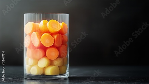 Fresh Carrots Arranged in a Clear Vase on a Dark Surface for a Modern Decoration